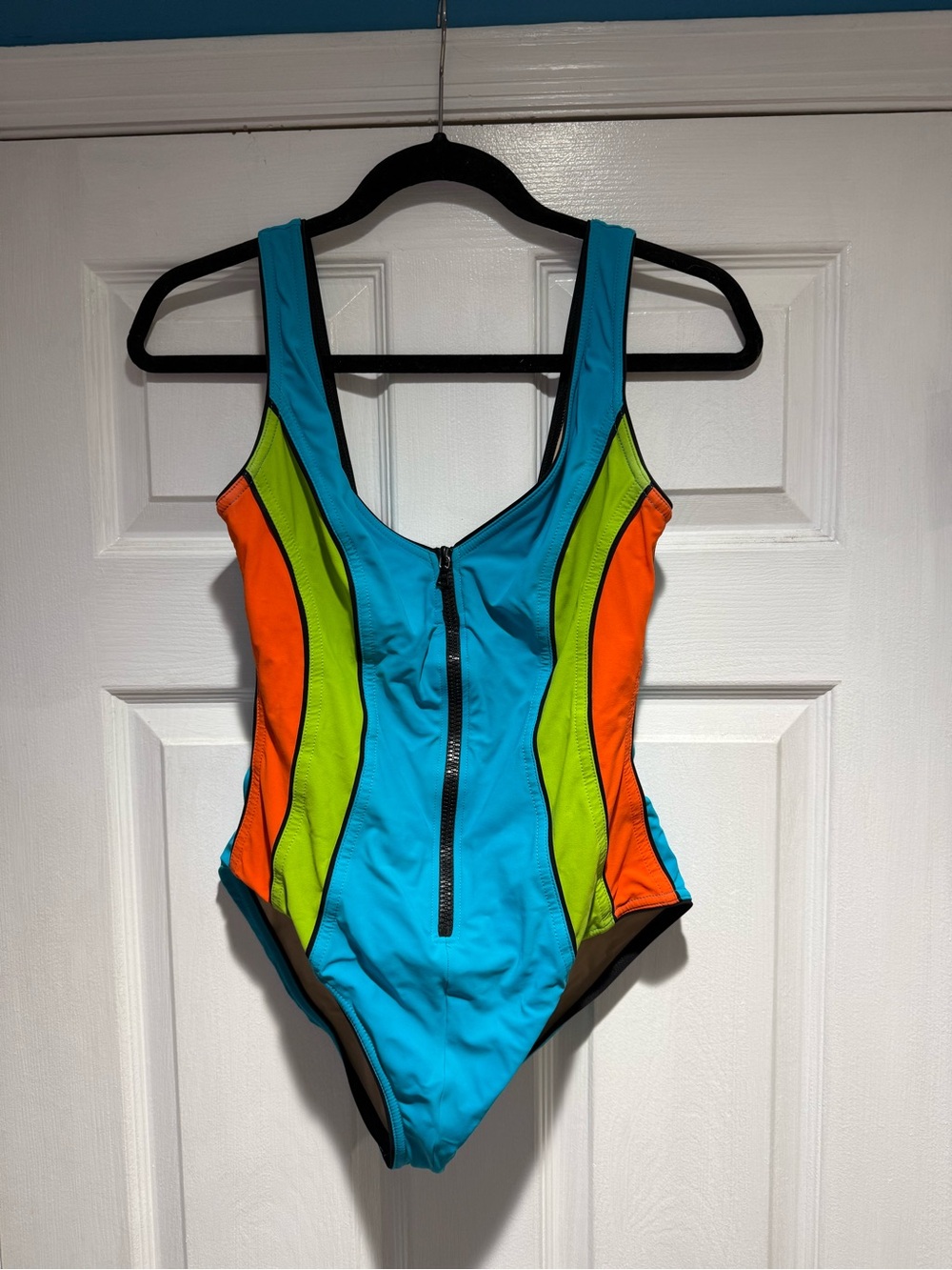 Women’s Colorblock Zip-Front One-Piece Swimsuit - Blue/Green/Orange